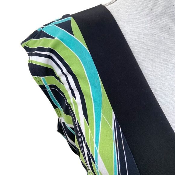 Frank Lyman v neck cap sleeve jersey knit dress black trim & belt graphic print - Picture 5 of 11